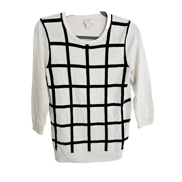 J Crew Window Pane Merino Wool Sweater Womens Size S 3/4 Sleeve White Black - Picture 1 of 5